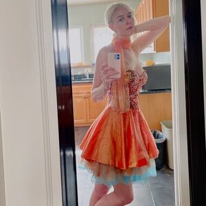 Vibrant Orange Strapless Dress with Beaded Bodice